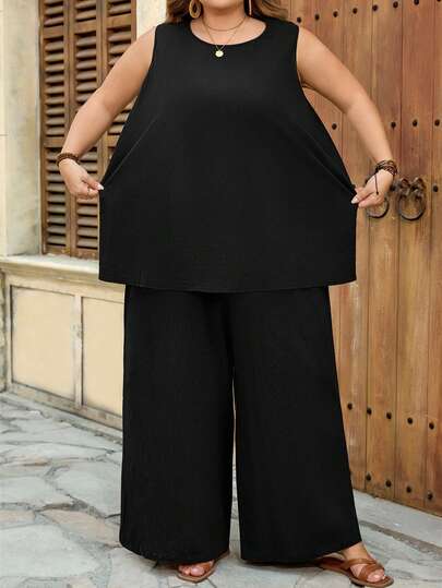 SHEIN CURVE+ Curve Size US22Music Festival, Seaside Vacation, Bohemia Solid Color Tank Top & Wide Leg Pants Curve Plus Summer Clothes Plus Size Co Ords Curve Plus Clothing