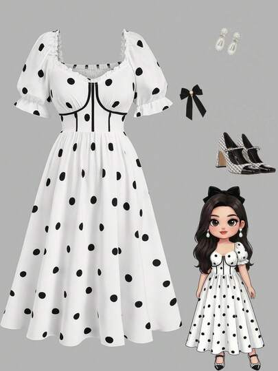 Sweetra Plus Size Puff Sleeve Sweetheart Neck Frill Trim Polka Dot A-Line Elegant Vintage Dress, Suitable For Vacation, Date, Party