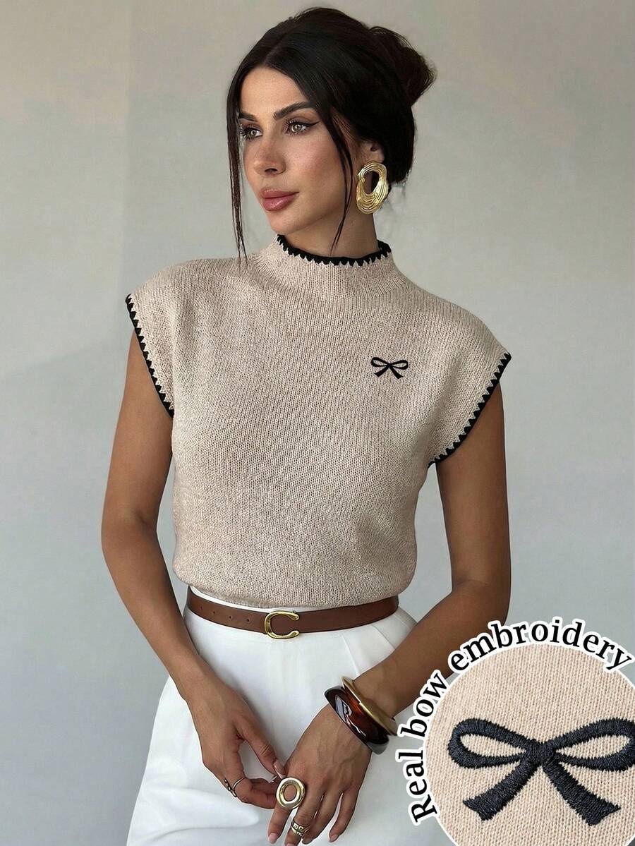 Firerie Women's Elegant High Collar Sleeveless Knit Sweater Vest - Bow & Shell Embroidery, Loose Casual Versatile Top For Spring/Summer Dates, Weddings, Parties, Beach Vacations & Festivals - White - View 1