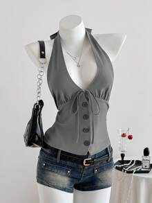 SHEIN EZwear Áo ba lỗ buộc dây phía trước màu trơn mùa hè cho nữ, trang phục công sở dành cho nữ - Xám - Xem 3