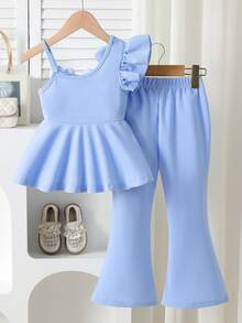 Elladie kids Young Girls 3D Floral Pearl Decor Asymmetric Hem Top + Flare Pants 2pcs Set, Suitable For Birthday, Vacation, Party, Spring/Summer - Blue - View 3