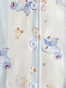 两件套男童可爱蓝白条纹鸭熊印花纽扣衬衫和裤子舒适阻燃睡衣套装 - 藍色 - 查看 7