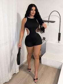 SHEIN SXY Sexy Black & White Hollow-Out Tight Romper - Black and White - View 4