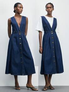 Maija Vestido de peto de mezclilla lavada casual y clásico con abertura de botones y abertura, vestido largo versátil y de moda sin mangas para mujer - Azul lavado oscuro - Ver 6