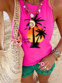 DrmWander Vacation Spring Resort Wear Spring Summer Palm Tree & Slogan Graphic Tank Top - Hot Pink - View 4