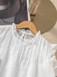 Tween Girls Ruffle Collar Hollow Out Embroidery Blouse And Pants Casual 2 Pieces Set - Khaki - View 8