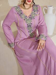 Modelyn Embroidered Trim Patchwork Elegant Modest Plus Size Long Sleeve Dress Wedding Purple Autumn - Hot Pink - View 2