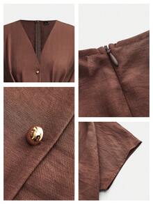 Maija Casual Women's Coffee Brown Mini Dress V Neck Batwing Sleeve Plicated Flared Hem Short Dress,Going Out Outfits - Coffee Brown - View 2