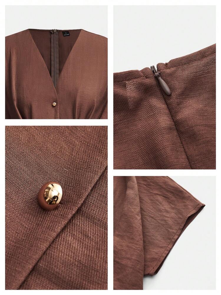 SHEIN Maija Women's Casual Solid Color V-Neck Waist Cinched Short Dress,Summer Clothes, Brown Dress, Beach Outfit ,Summer Holiday Outfits,Vacation Outfits For Women Women Clothes Dress Women's Summer Outfits Women's Dress Formal Wear,Summer Dresses For Women