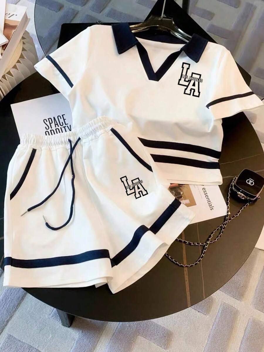 Franclia 修身 Polo 领插肩短袖上衣 + 休闲短裤套装 - 白色 - 查看 1