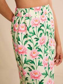 LOTSLUV 女士春夏粉色碎花印花半身裙，侧开衩 - 綠色 - 查看 4