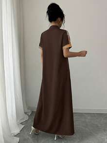 Rafferiza Contrast Color Embroidery Stand Collar Rhinestone Decor Loose Women Long Dress - Brown - View 2