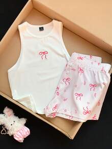 CovetEZ Casual Minimalist Summer Sweetheart Embroidered Bow Camisole And Butterfly Print Shorts Set, Versatile Sweet Homewear - Multicolor - View 4