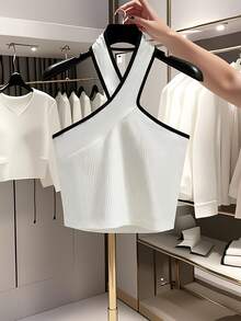 Franclia 优雅百搭黑白拼接高领高弹罗纹针织女式背心 - 黑與白 - 查看 4