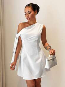 Slaydiva 2026春夏新款优雅通勤度假修身白色单肩系腰A字迷你连衣裙。适合日常穿着、度假、旅行、约会、婚礼季、婚礼宾客着装、海滩、西部风情、游牧风、休闲、机场装、早午餐、返校季、波西米亚风女装游艇连衣裙白色连衣裙惊艳连衣裙单肩连衣裙 - 白色 - 查看 7