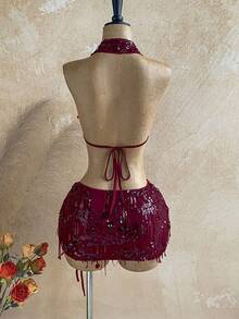 Soleia 两件套新款休闲系带金属扣针织上衣+百褶裙，适合下午茶、海滩、音乐节等场合。 - 酒紅色 - 查看 2