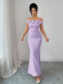 Rafferiza Đầm ôm sát trễ vai xếp ly họa tiết hoa thanh lịch, quyến rũ, gợi cảm, thích hợp cho tiệc tùng, kỳ nghỉ, mùa xuân/hè. - Màu tím - Xem 7