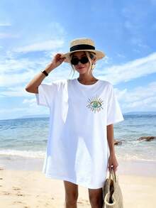 DrmWander Women's Eye Print Round Neck Loose Casual Short Sleeve T-Shirt - White - View 2
