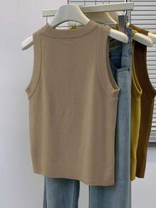 SHEIN 女士纯色圆领休闲百搭日常针织上衣 - 卡其色 - 查看 2