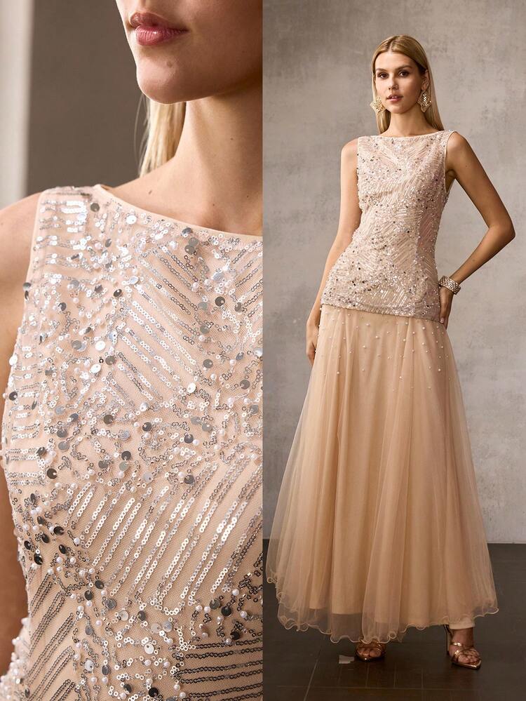 WOMEN'S OCCASION WEAR MESH PATCHWORK A-LINE DRESS