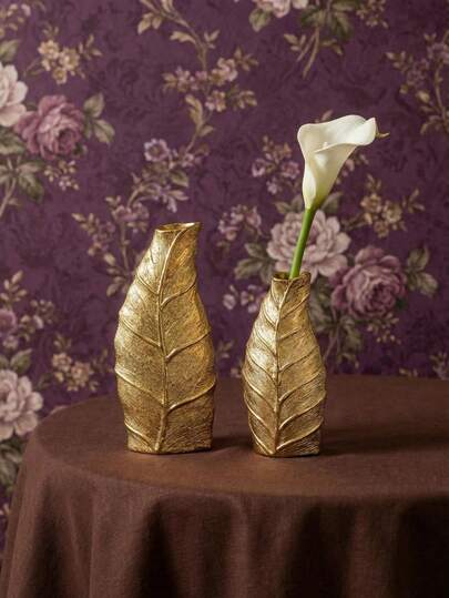 Cirelle 1 Pc S/M Light Luxury Golden Leaf Vase, European Style Home Ceramic Vase, Light Luxury Craft Decoration Ornament For Living Room And Entrance Hall, Flower Vase, Suitable Valentine's Day, Engagement, Birthday Decoration, Ideal Gift Friends, Family, Partners