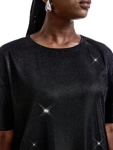 LYSMO Plus Size Casual Shiny Sequin Dolman Sleeve T-Shirt Dress, Suitable For Party, Christmas And Holiday Wear, Spring/Summer Glitter Dress Plus Size Plus Size Tshirt Dress - Black - View 4