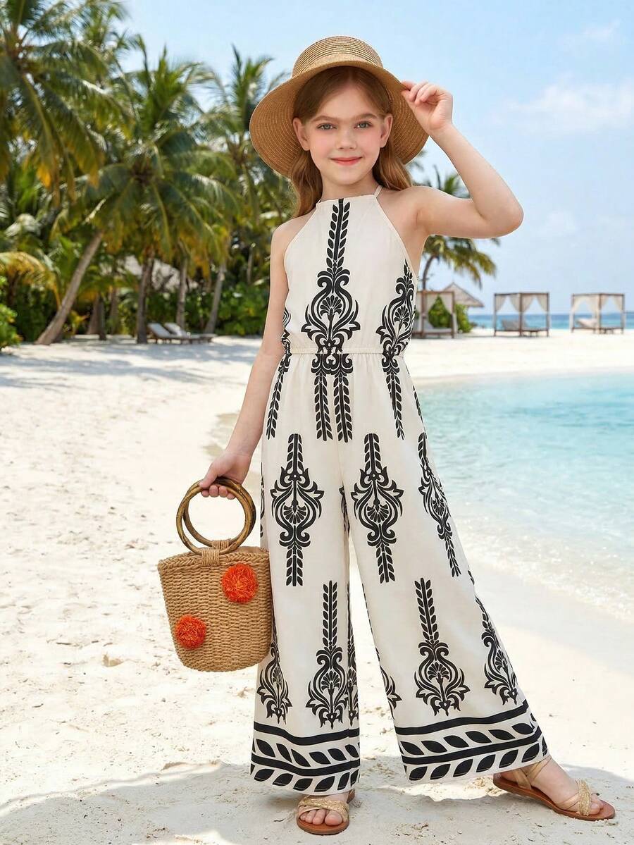 SHEIN Bộ áo liền quần dệt họa tiết du lịch dành cho bé gái tuổi teen, thích hợp cho du lịch, nghỉ mát, phong cách bohemian, nghỉ mát biển. - Màu be - Xem 1