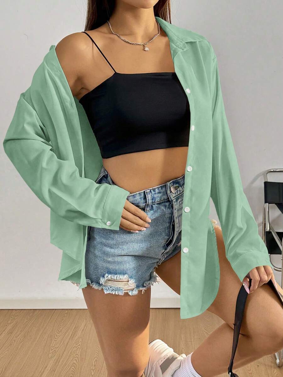 SHEIN Unity Women's Solid Color Front Button Casual Long Sleeve Shirt , Casual Spring Summer Fall - Green - View 1