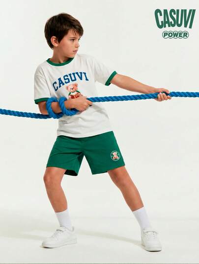 Casuvi Kids 2pcs Toddler Boys' Set, Round Neck Short Sleeve Contrast Color Bear T-Shirt And Green Patchwork Shorts, Casual And Comfortable For Daily Wear