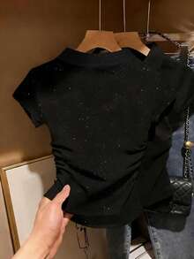 Franclia 星光亮片短袖女式上衣，抽绳褶皱设计，骏马刺绣，百搭显瘦，适合所有季节，闪亮耀眼，日常穿着，特别礼物 - 黑色 - 查看 2