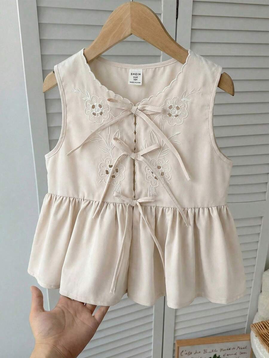 SHEIN Tween Girls' Solid Apricot Elegant Embroidered Bowknot Sleeveless ...