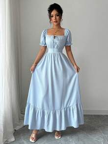 Selianne 春夏新款法式束腰优雅方领系带设计浅蓝色泡泡袖荷叶边下摆条纹休闲/度假舒适连衣裙 - 霧霾藍 - 查看 6