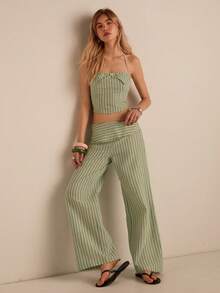 Easelle 女士绿色条纹编织两件套通勤套装 - 綠色 - 查看 5