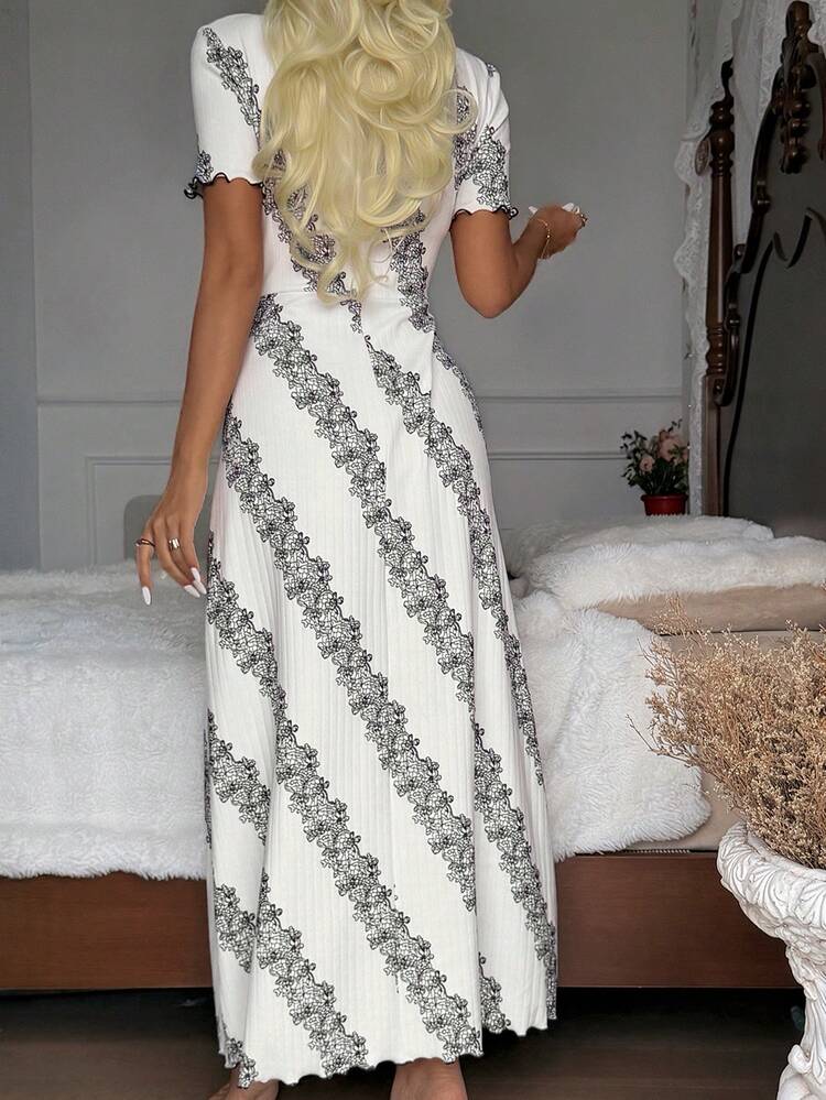 Summer French Elegant Lace Print Cinched Waist V-Neck Long Women's Nightgown