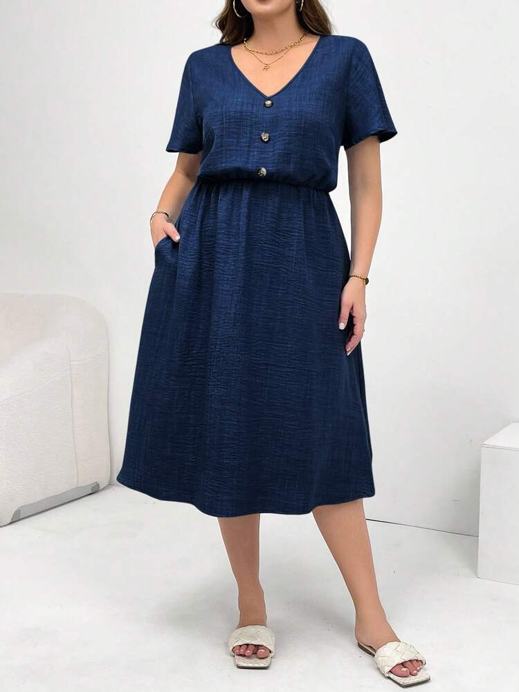 Enliva 大码女装春夏时尚休闲宽松舒适日常百搭修身V领短袖收腰蓝色中长款带口袋连衣裙，欧洲夏季，女士教师装，太阳裙，简约风格 - 藏蓝色 - 查看 5