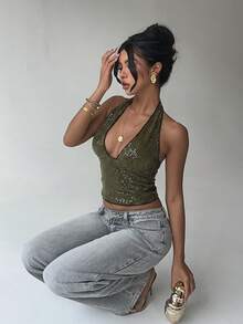 Aloruh Đầm ren hở lưng thanh lịch, đầm dài ôm sát gợi cảm cho kỳ nghỉ - màu xanh lá - Xem 4