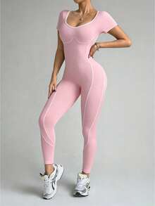 Dewbera Bộ đồ thể thao nữ liền thân in chữ, thích hợp chạy bộ, yoga và tập thể dục. - Màu Hồng baby - Xem 4