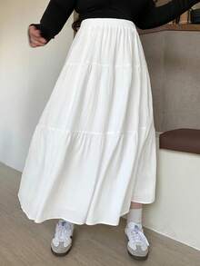 Dazy Plus 白色弹性腰部拼布A字裙，春夏 - 白色 - 查看 1