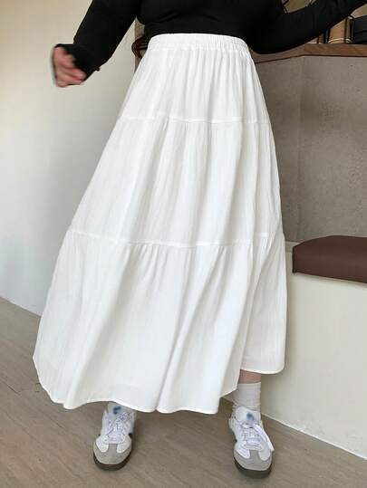 Dazy Plus 흰색 엘라스틱 허리 패치워크 A라인 스커트, 봄/여름