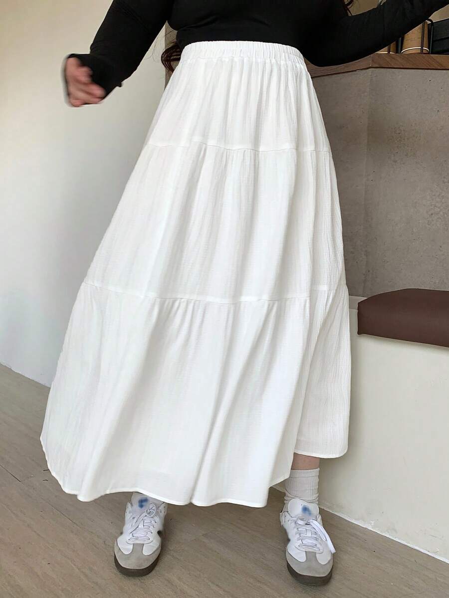 Dazy Plus 白色弹性腰部拼布A字裙，春夏 - 白色 - 查看 1