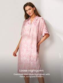 LUVLETTE Đầm ngủ satin màu hồng nữ tính dễ thương - Áo ngủ dáng rộng thoải mái kiểu sơ mi, đồ ngủ ngọt ngào, đồ ngủ kiểu bạn trai, đồ ngủ cưới, váy cho nữ - Hồng - Xem 5
