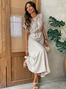 EMERY ROSE Women's Solid Color Round Neck Top And Skirt 2-Piece Set, Fashionable For Dates And Outings 2 Piece Sets Woman Dress Summer Outfit For Women Coords For Women Casual Classy Work Outfits For Women Office Outfits For Women - Apricot - View 3