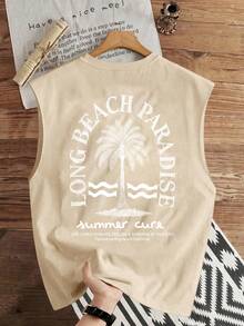 Manfinity Joysei Men's Round Neck Letter & Palm Tree Print Casual Versatile Daily Wear Top - Khaki - View 1