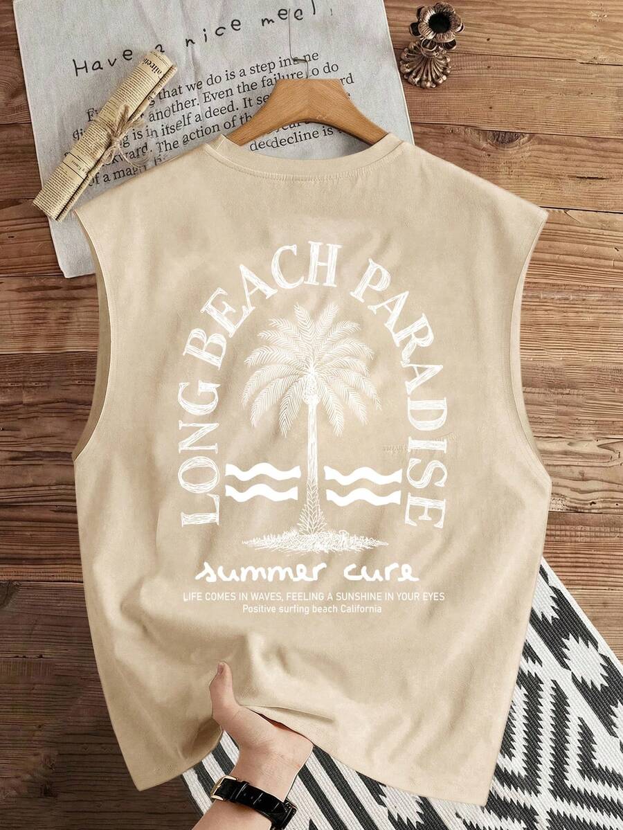 Manfinity Joysei Men's Round Neck Letter & Palm Tree Print Casual Versatile Daily Wear Top - Khaki - View 1