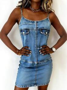 EMERY ROSE New Arrival Bestselling Denim Effect Print Regular Fit Women Camisole Bodycon Mini Dress - Multicolor - View 1