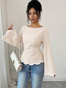 SHEIN Elenzya 1pc Women's Spring/Summer Wavy Heart Woven Trim Ruched Waist Blouse - Apricot - View 4