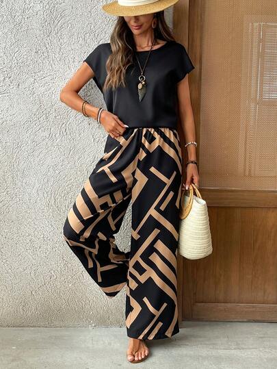 EMERY ROSE Women's Vacation Casual Solid Color Top And Geometric Print Pants 2 Pieces Set