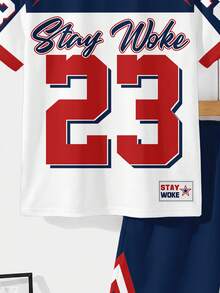 青少年男童休闲简约时尚 Y2K 街头运动衫，经典学院风，23 号图案，美式复古，宽松舒适简约圆领短袖 T 恤和短裤套装 - 彩色 - 查看 6