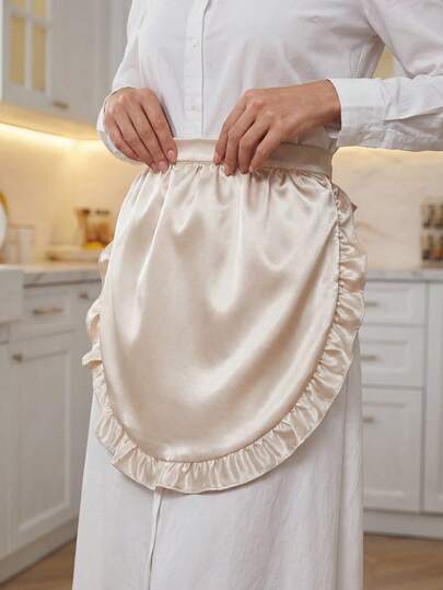 1-Piece Ruffle Edge Plain Color Solid Color White Lace Decorative Apron Kitchen Dining Room Short Apron Dirt-Resistant, Suitable For Daily Use