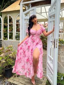 Lyrianda Plus Size Elegant Chiffon Printed Dress - Pink - View 5